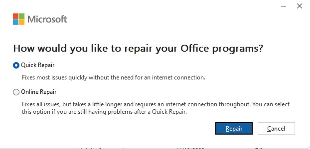 select the radio button next to ‘Quick Repair’